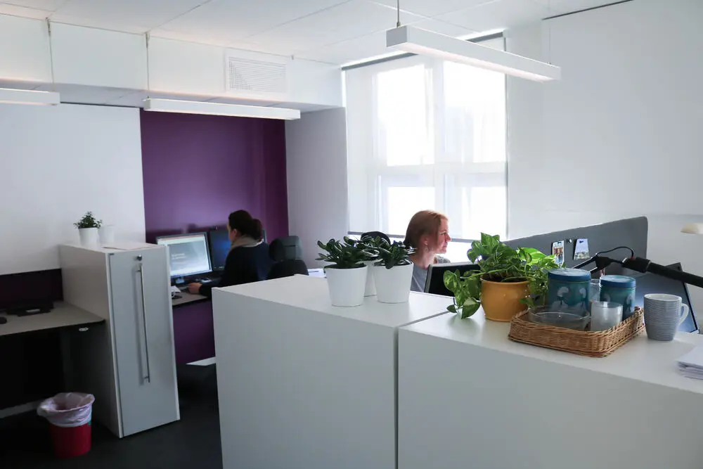 En mann og kvinne som sitter ved et skrivebord med datamaskiner
